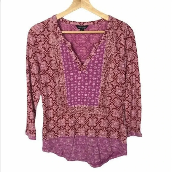 Lucky Brand Pink & Red V-Neck Printed Long Sleeve S - Picture 1 of 7